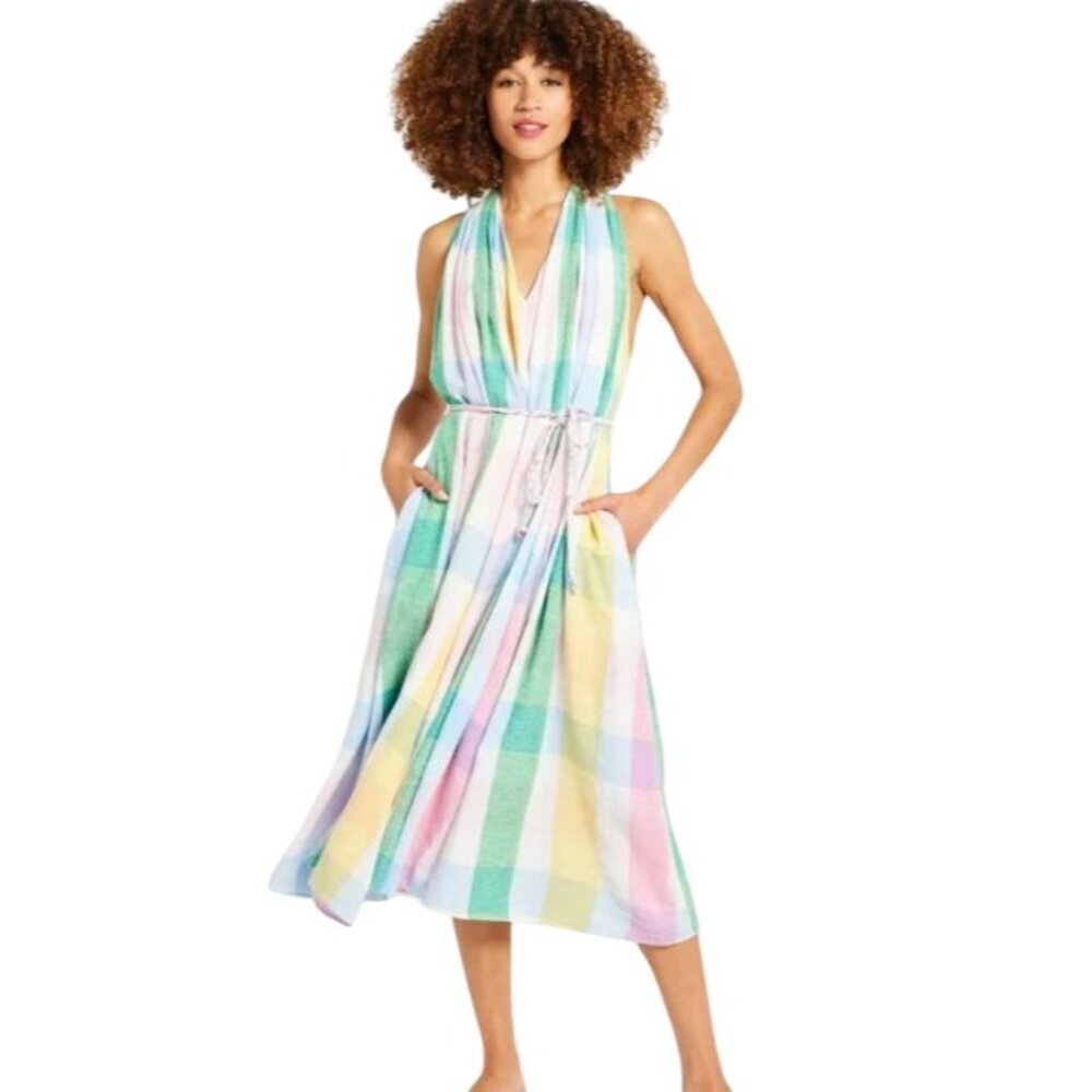 Millie Marilyn Dress Women's Pastel Plaid Travel Resort Pockets Medium NO BELT